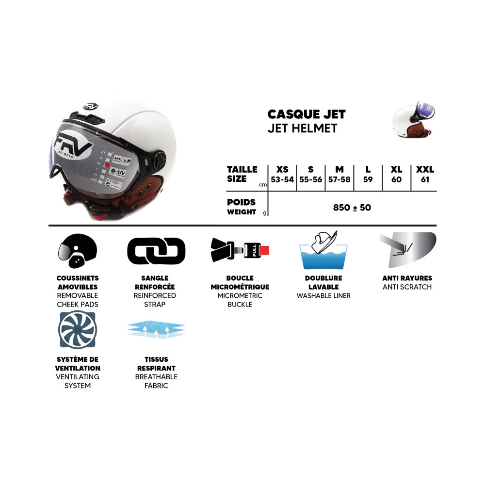 Casco JET FRV blanco brillante (tallas XS a XXL)