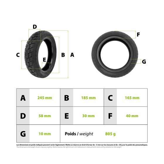 Pneu 10x2.50-6.5 Semi Offroad Tubeless avec gel Anticrevaison pour trottinette électrique - wattiz