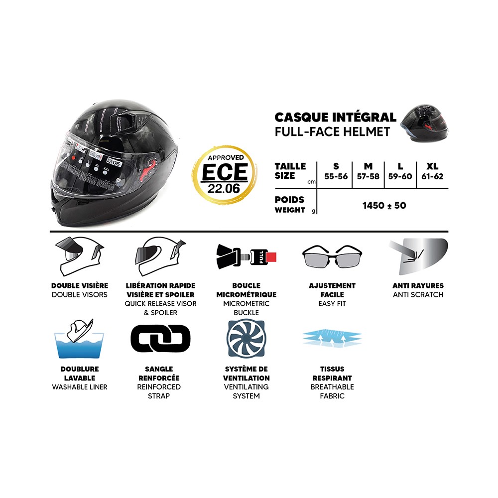 Casco integral negro (talla S a XL)