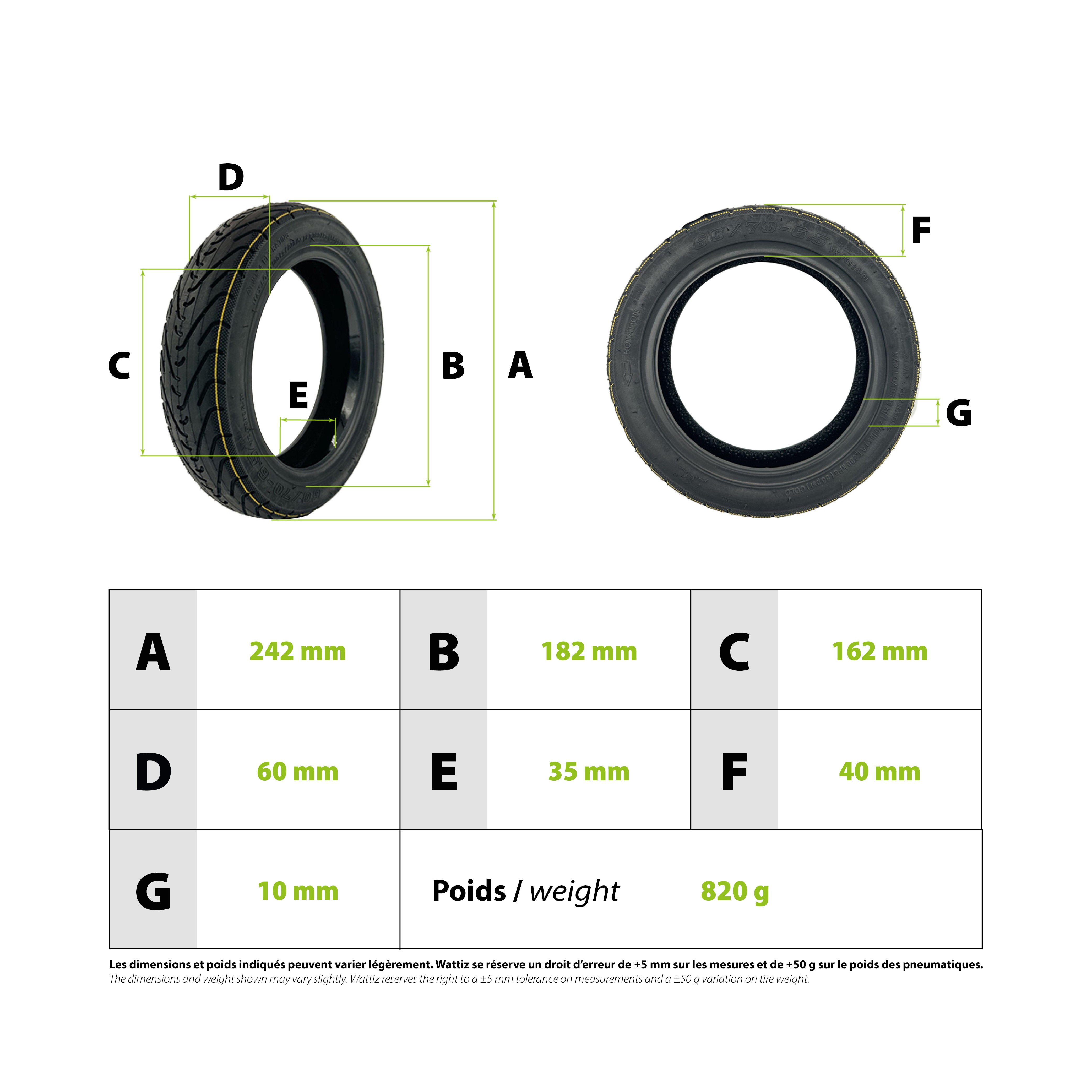 Pneu Tubeless Pour Trotinette Électrique 60/70-6.5 - Compatible Ninebot Max G30, Smartgyro K2 - Jante 6.5" - Adhérence Sol/Pluie - 6
